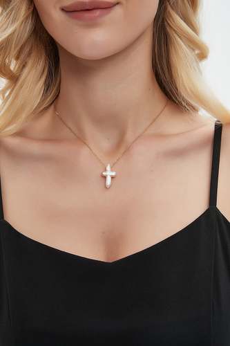 White Pearl Cross Necklace. Pearl Cross Necklace. Freshwater Pearl Cross Pendant - Picture 7 of 12