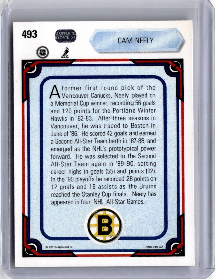 1990-91 Upper Deck Hockey Card Cam Neely Boston Bruins #493 - Image 2 of 2