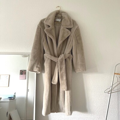 Womens ASOS DESIGN Cream Luxe Belted Faux Fur Maxi Coat Size UK