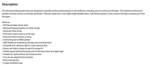 British Motorcycle Gear Pants BMG Adventure LRG Adjustable Waist/Vent/fireproof - Picture 5 of 23