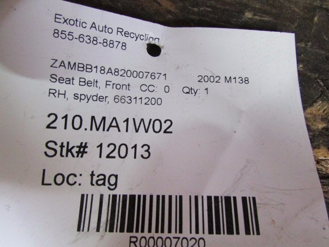 Maserati M138 Spyder, RH, Right Front Seat Belt, Used, P/N 66311200