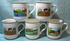 Set Lot of 5 Villeroy Boch Naif Mugs Cups Coffee Rooster Farm Lake Porcelain