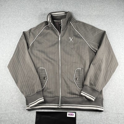 Marc Ecko Sweatshirt Large Full Zip Gray Pin Striped Snap Pocket Mens