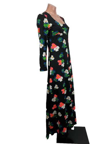 Vintage ACT 1 70s Psychedelic Floral Neon Empire Waist Long Sleeve Stretch Maxi - Picture 4 of 8