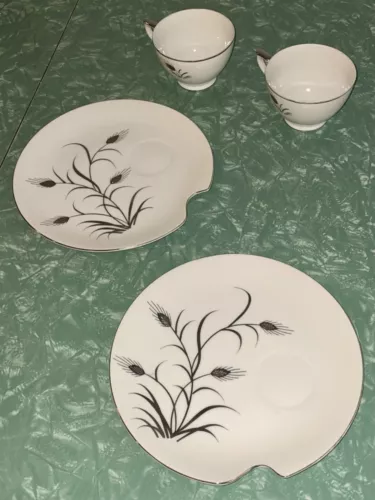 VTG LEFTON China Snack Set #2153 2 Cups/2 Plates Platinum Wheat White Porcelain