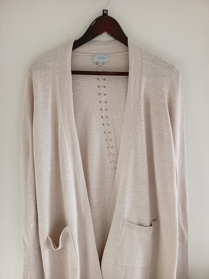 Jigsaw Long Open Cardigan Medium 12/14 Linen/Cotton Camel Beige Ex eBay