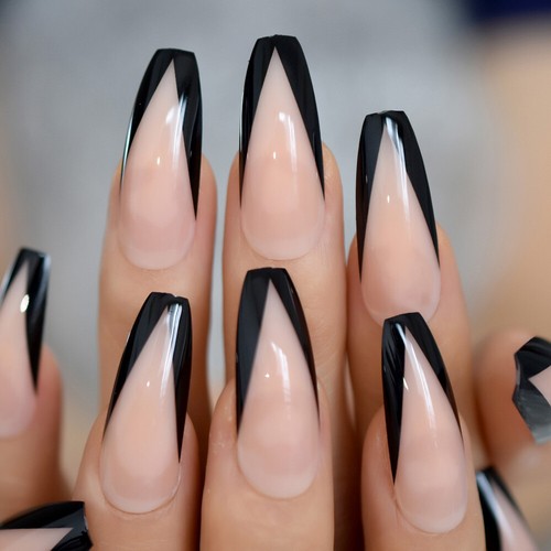 24 1 French Black Manicure Long Full Cover False Fake Nails Tips Coffin Uk Ebay