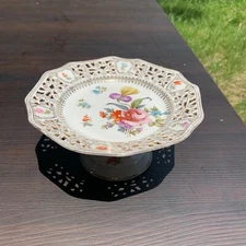 RW Retsch Bavaria Dresden Flowers Reticulated Pedestal Plate Compote Schumann