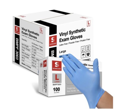 Schneider Vinyl Synthetic Exam Gloves, Blue, Latex-Free, Powder-Free,  Disposable
