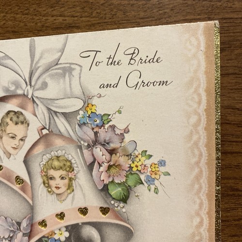 De colección 1940 Boda Matrimonio Felicitaciones Tarjeta Novia y Novio Iglesia Campanas P3D - Imagen 4 de 19