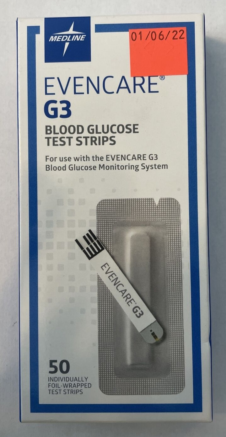 Medline Evencare G3 Blood Glucose Test Strips, (1) Box of 50, Exp. (06