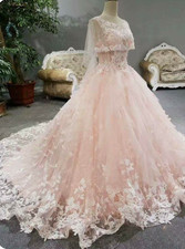Light Pink 3D Flowers Wedding Dresses with Cape Luxury A Line Lace Bridal Gowns