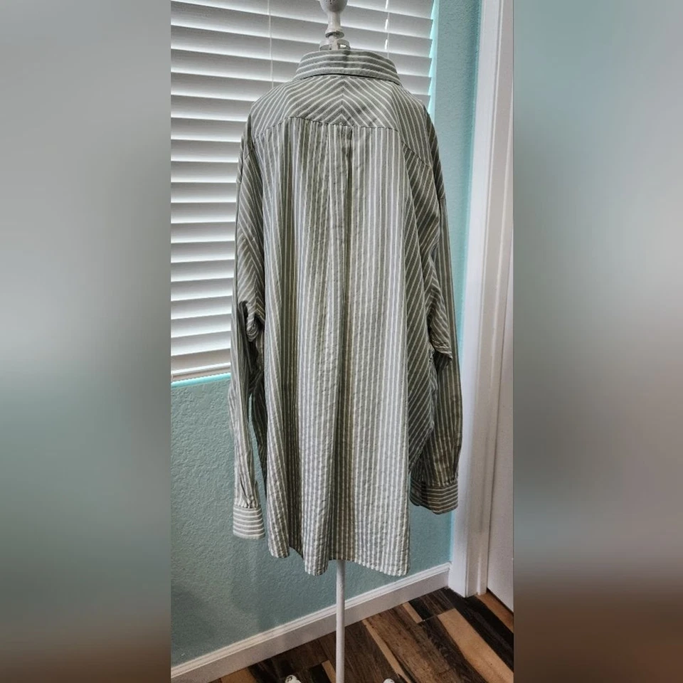 Roundtree & Yorke Men's  Two Ply Cotton Green/ White Striped Shirt  Sz 3XT - Imagem 3 de 4