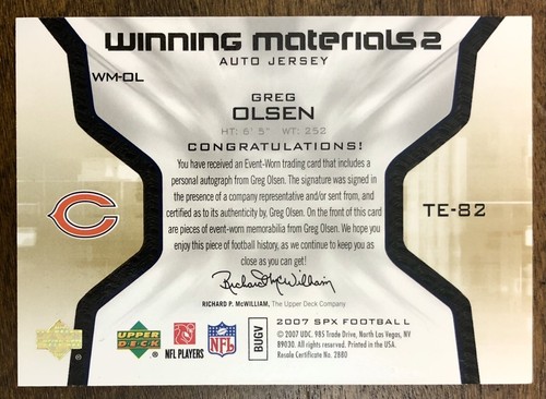 2007 SPx Winning Materials Jersey Number Greg Olsen RC WM-OL #2/10 - Picture 2 of 2