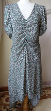 A NEW DAY HI-LOW MIDI DRESS RUCHED SHORT PUFF SLEEVE V-NECK MULTICOLOR LARGE