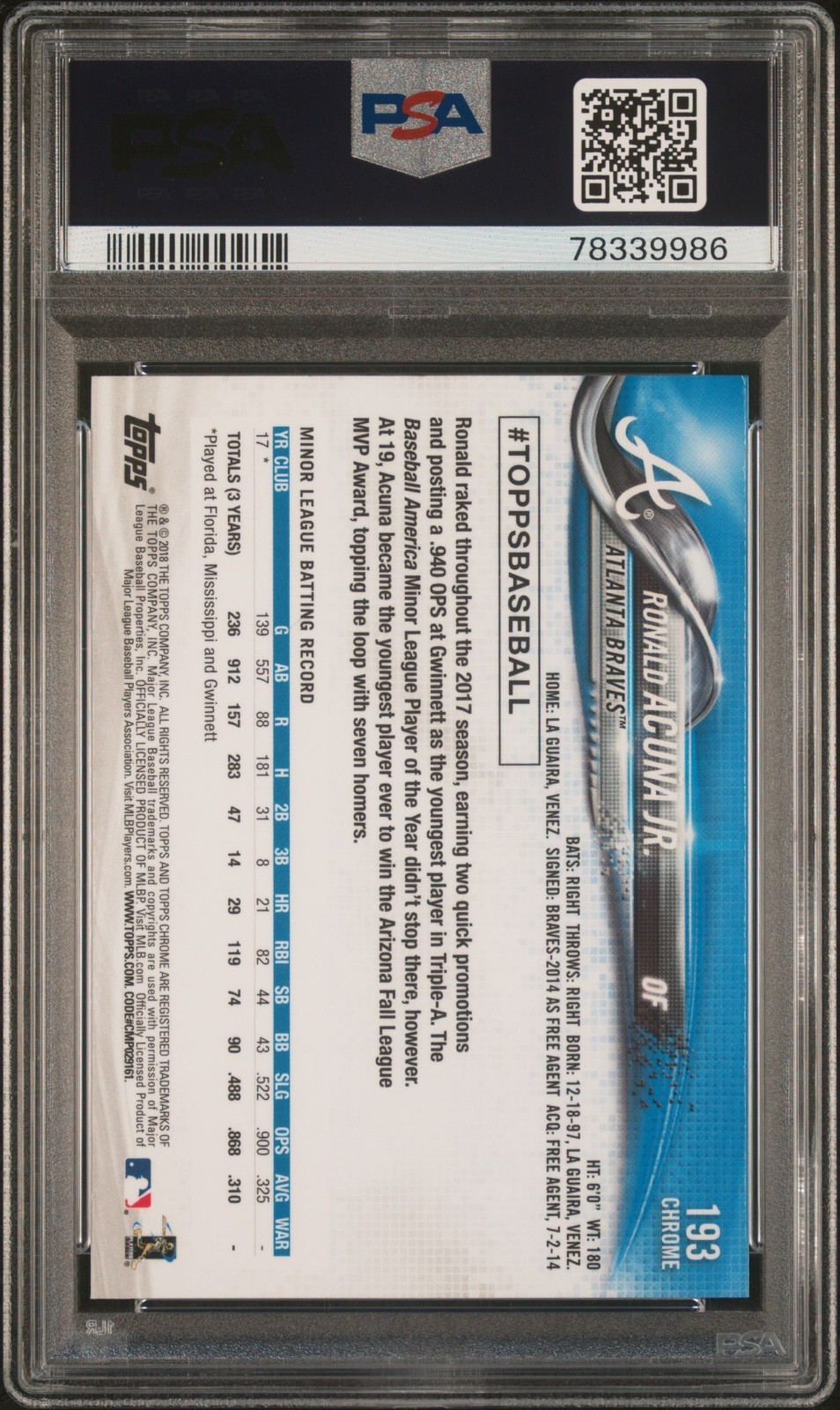 2018 Topps Chrome Ronald Acuna Jr. #193 Rookie RC Atlanta Braves PSA Gem Mint 10 view 2