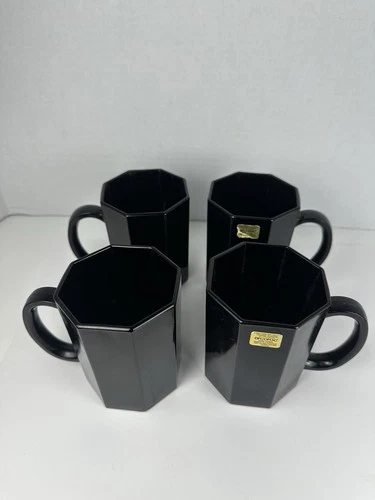 VTG Arcoroc Black Glass Mugs Octagonal Made In France Retro Vibe