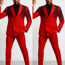 Luxury Red Men's Suit Black Rhinestone Prom Jacket Pants Custom Color Streetshot