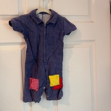 Vintage Romper Kids 12-18M Blue Patchwork Zip Front Short Sleeve Jumpsuit