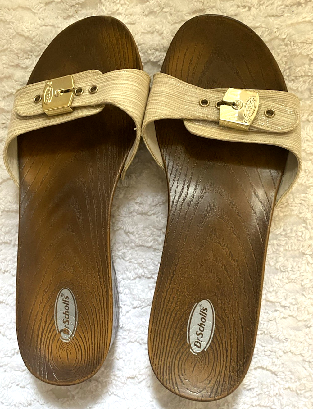SAOLA DR SCHOLLS sandali donna beige e bianchi con fibbia misura 8 suola finto legno