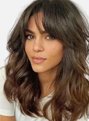 Long Wavy Hair Dark Brown Human Hair Blend Heat Ok Women Natural Women Wigs 14In