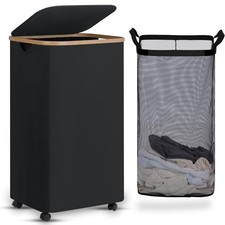 Laundry Basket with Wheels, Tall Rolling Laundry Hamper with Lid 100L Black