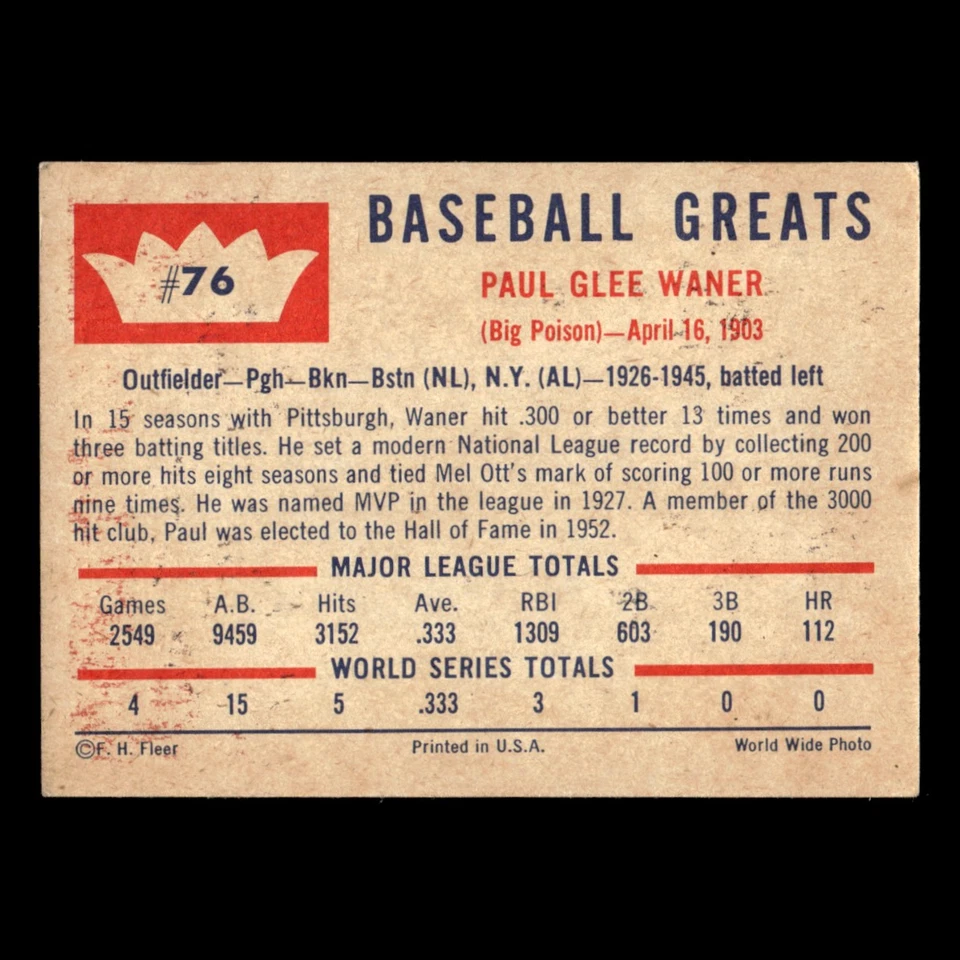 Tarjeta de béisbol Paul Waner #76 1960 Fleer Baseball Greats MLB EX Foto 2 de 3