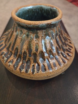 Mid Century Brutalist Studio Pottery Sculptural Textured Bowl Planter Signed