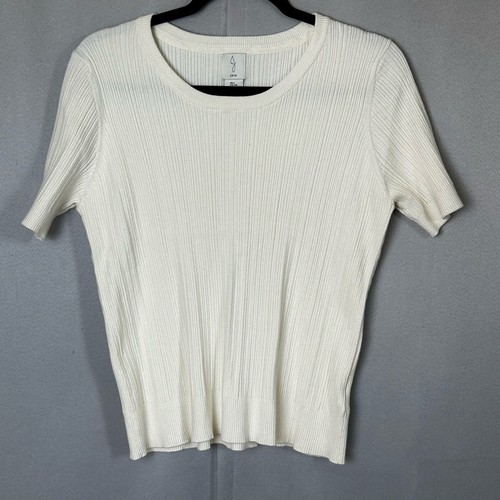 Women's EUC Joie Off White Cable Knit Short Sleeve Casual Sweater Blouse- Size L