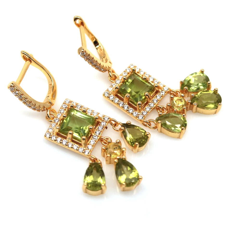 925 Silver Handmade 6 x 6 mm. Green Peridot & White Zircon Earrings - Image 2 of 4