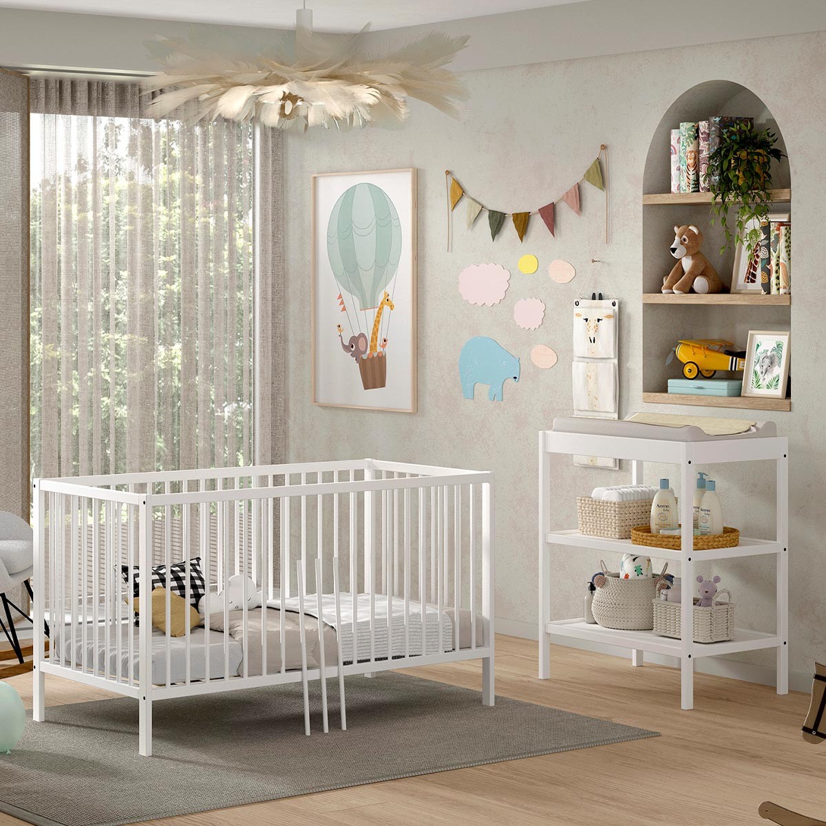 Lit bébé évolutif 70x140 cm et table à langer Dino blanc en bois pour chambre de nouveau-né