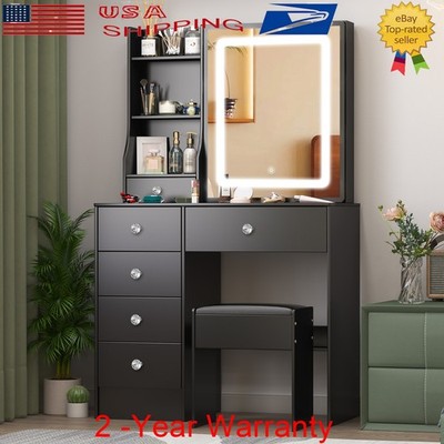 Black Dressing Table w/ LED Sliding Mirror Vanity Makeup Desk w/ 6 Drawer Stool
