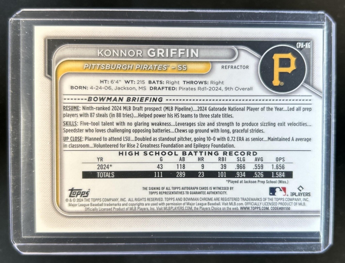 2024 Bowman Draft Konnor Griffin Chrome Auto Refractor 1st #/499 Pirates view 2