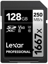 Lexar 128GB Professional 1667x SD Card, UHS-II, C10, U3, V60, 128GB, Black