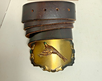 Vintage Raintree Ring-Necked Pheasant Belt Buckle w/ Gelante Leather Belt L38-40
