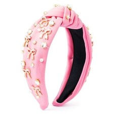 Coquette Jeweled Knotted Headband - Rhinestone Crystal Pearl Pink Bow