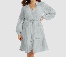 $168 Guess Women's Blue Arita Belted Crochet-Detail A-Line Shirt Dress Size XS