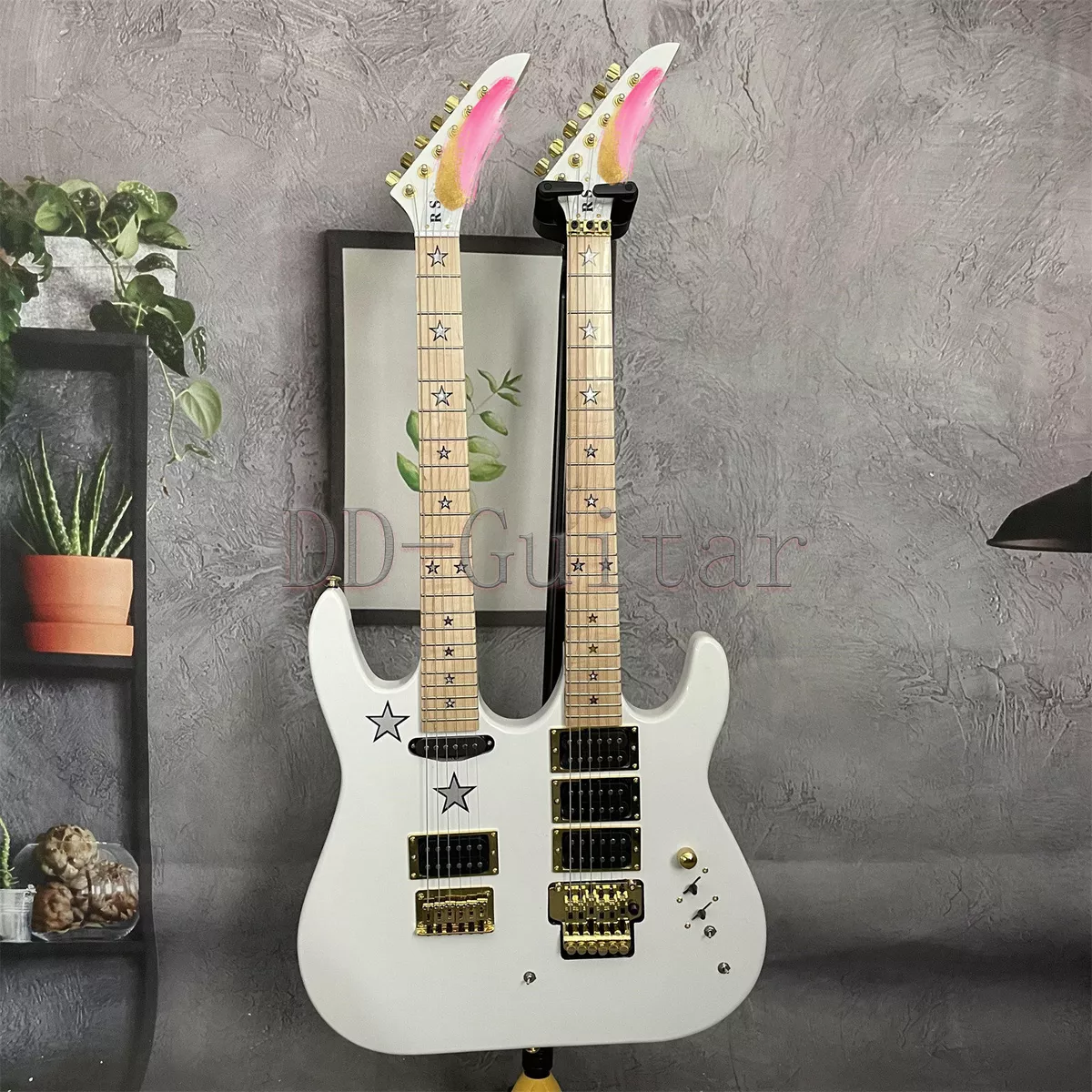 Double Neck White Electric Guitar 6 6 Strings Gold Hardware Star
