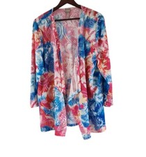 Chicos Painted Floral Knit Drape Open Cardigan Jacket Womens Size 2 Large