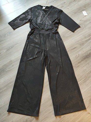 QVC KIM & Co ~ Foil Brazil Black & Silver JERSEY JUMPSUIT ~ Gr. 12 / M Neu