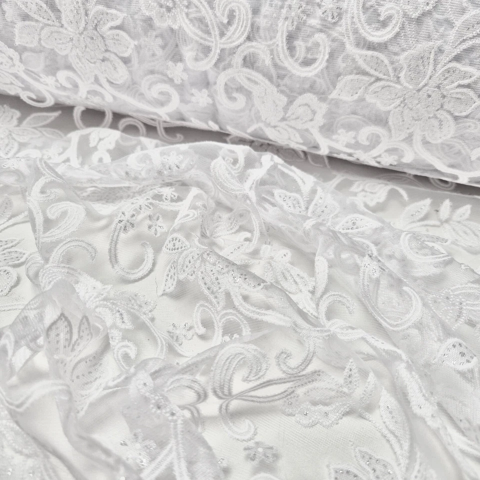 Tüllspitze Weiß Spitze Blumen Silber Glitzer Hochzeit Bekleidung Deko Stoff - Bild 2 von 4