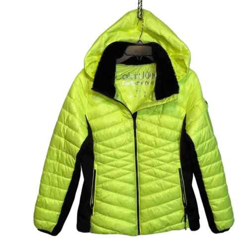 Calvin Klein Hooded Mixed-Media Puffer Jacket - Safety Yellow Medium  - Picture 1 of 6