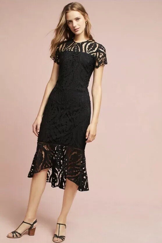 Rare $420 NWT Anthropologie Zinnia Lace High Low Cocktail Midi Dress 10P Black