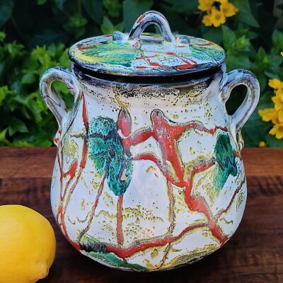Atemberaubende Vintage Fat Lava Vase mit Doppelhenkel und Deckel