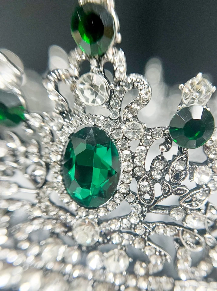 Royal King Crown, Green Crystal Crown, Silver Wedding Crown, Prom Crown, XL Size - Image 3 of 4