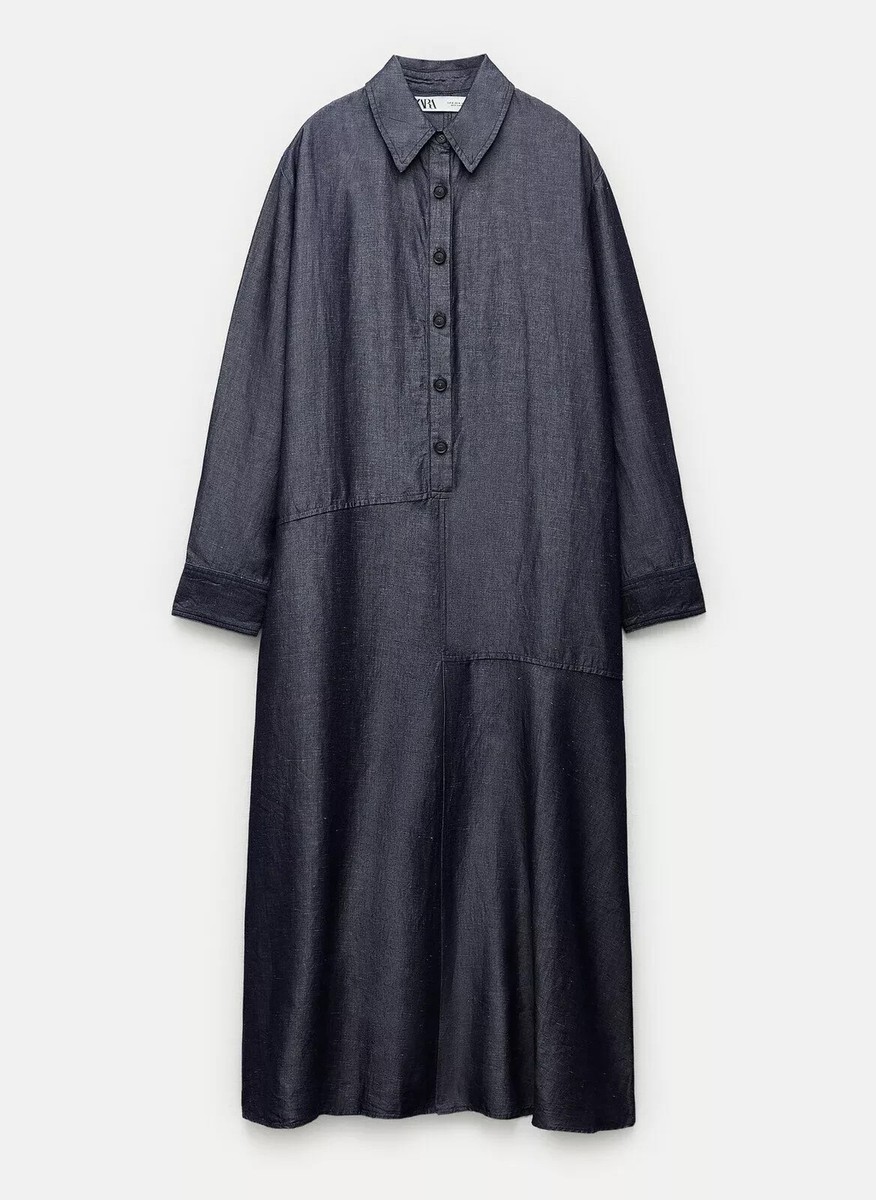 zara blue linen shirt dress BELTED LINEN BLEND MIDI DRESS - Blue