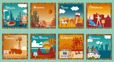 Route 66 Landmarks Fabric 24'' X44'' Panel Cruisin Open Road Cotton Blank Quilting