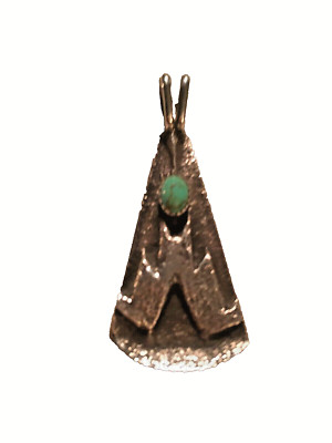 STERLING SILVER TEEPEE PENDANT  SANDCAST FINISH  KINGMAN  GREEN TURQUOISE STONE