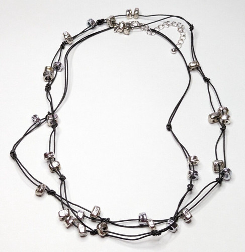 Chico's Black Cord Silver Tone Station Necklace 58" Long Flapper Length