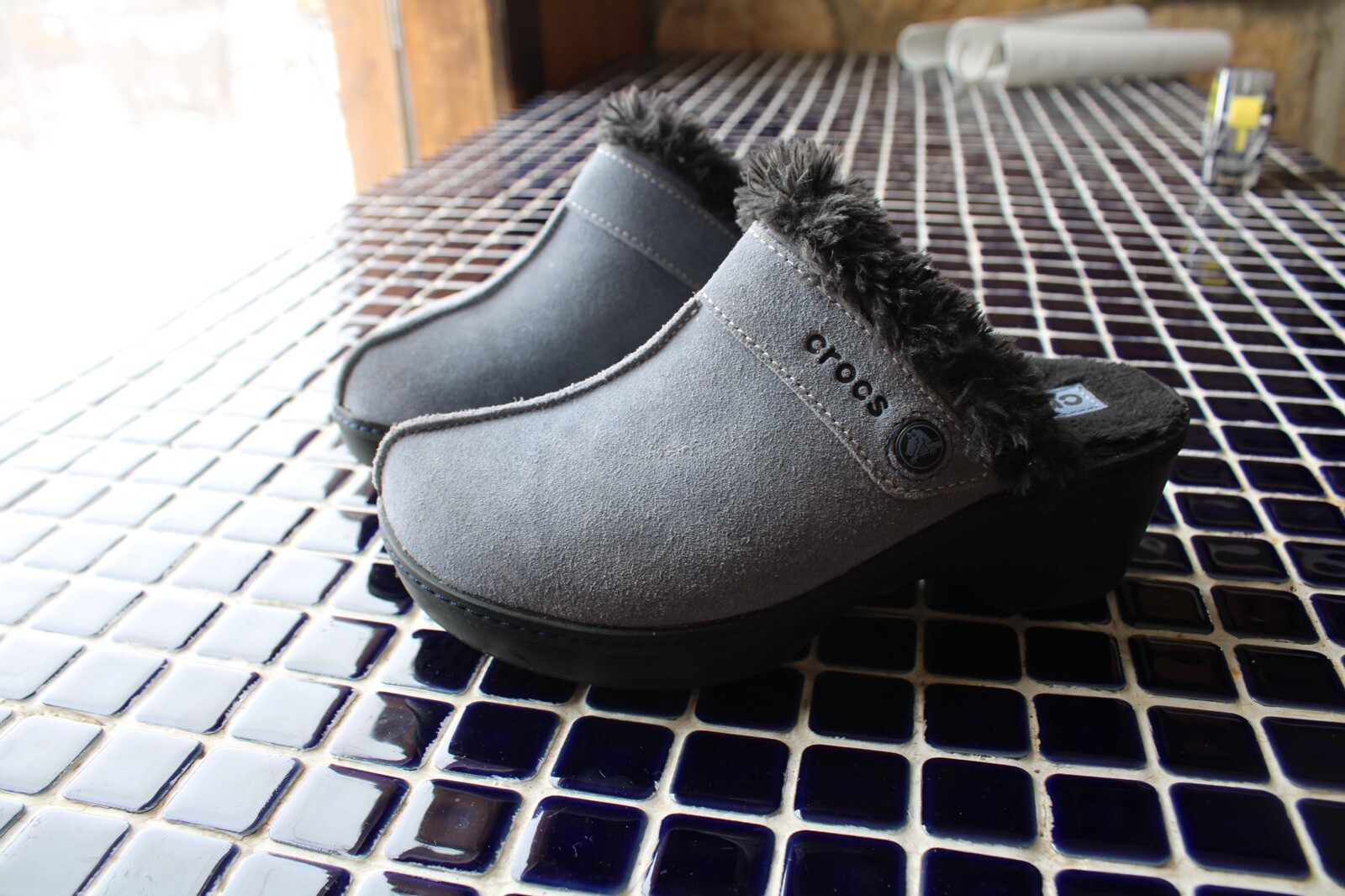 Gray Suede Black Fur Lined Crocs 11602 